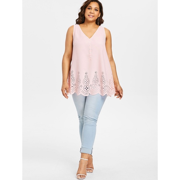 Plus Size Laser Cut V Neck Tank Top - Light Pink - Picture 4 of 7